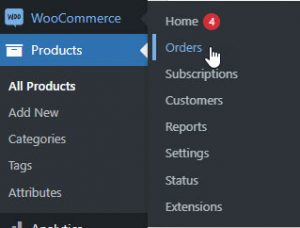 WP Woman | Screenshot from WordPress Dashboard showing a WooCommerce menu flyout with the cursor pointing to Orders